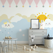 卡通北欧ins儿童房壁纸，卧室床头女孩粉色手绘定制壁画墙纸