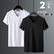 莫代尔冰丝t恤男士短袖，夏季纯色体恤衫2024白色v领半袖潮流
