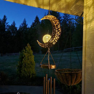 太阳能别墅花园庭院阳台挂饰风铃灯户外铁艺简约月亮树脂挂饰彩灯