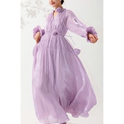 美妃紫色洋气减龄长袖独特气质，褶皱亮光连衣裙女夏2023超好看
