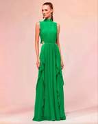 法式绿色礼服裙潮牌夏宴会轻奢立领，无袖露腰荷叶边雪纺连衣裙长裙
