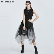 sdeer圣迪奥假两件连衣裙，设计感不规则，印花网纱无袖长裙s21281211
