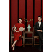 中式旗袍敬酒服新娘，改良订婚结婚礼服简约日常气质，酒红色复古旗袍