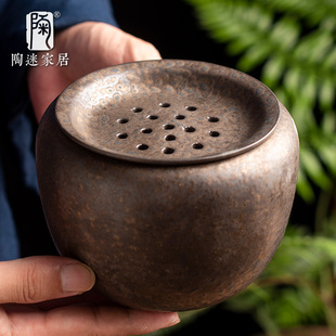 陶迷铁锈釉茶渣缸窑变鎏金釉建水陶瓷带盖过滤茶洗水盂复古茶具