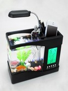 桌面迷你小鱼缸水族箱电脑办公桌创意笔筒鱼缸带台灯电子数字时钟