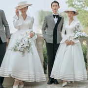 影楼主题服装复古白色法式长袖婚纱情侣拍照写真赫本风中长款礼服