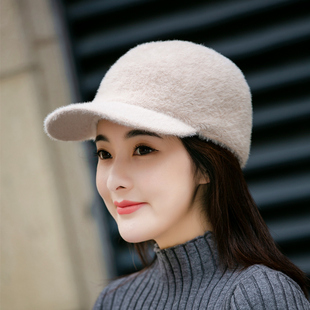 韩版秋冬天女甜美可爱黑色仿貂绒鸭舌帽冬季保暖针织毛线棒球帽子