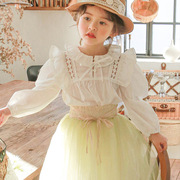 2024春款韩国儿童女孩，洋气娃娃领泡泡袖，长袖衬衫b类纯色