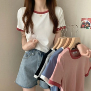 撞色圆领短袖t恤女夏季学生，打底衫韩版修身短款上衣韩国女装