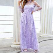 美外贸女装 性感长袖紫色网纱立体花修身宴会晚礼服67