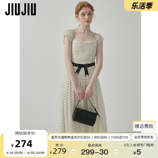 jiujiu法式复古波点连衣裙，女2024年夏季设计感蝴蝶结，收腰长裙