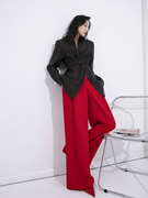 aksaya设计感大红色阔腿裤高腰长裤，女时尚复古洋气高个子(高个子)裤子春秋