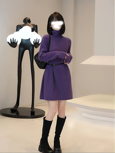 欧货紫色针织连衣裙女秋冬2023宽松韩版设计感慵懒风高领毛衣