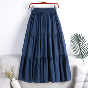 法式蓝色棉麻布料拼接半身，长裙女夏季大摆裙子，高腰显瘦蛋糕裙1561