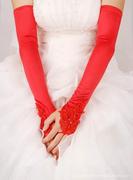 新娘手套婚纱手套，加长款过肘大红色，蕾丝露指结婚手套