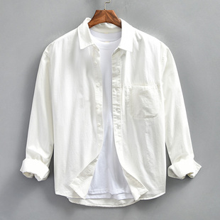 高级感清新全棉长袖衬衫男士潮流百搭帅气打底衫小领白色衬衣外套