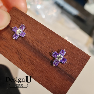S巴西紫水晶 耳饰高级感天然耳钉纯银s925拧螺丝耳骨钉耳环十字架