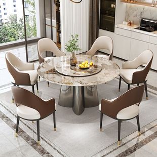 超晶石大理石圆形岩板餐桌椅，组合轻奢高端亮光奢石家用微晶石转盘