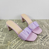 欧美22夏季露趾后空粗跟女拖鞋紫色，网纱高跟鞋一字拖时尚女鞋