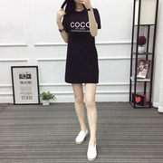 夏季休闲韩版口袋半袖连衣裙女装外穿中长款短袖字母印花黑色T恤
