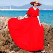 2024年夏季五分袖，v领复古大红色披肩雪纺连衣裙，海边度假沙滩长裙