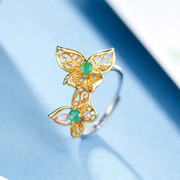 s925镶嵌绿石镂空蝴蝶，戒指女款设计感轻奢开口可调节食指指环