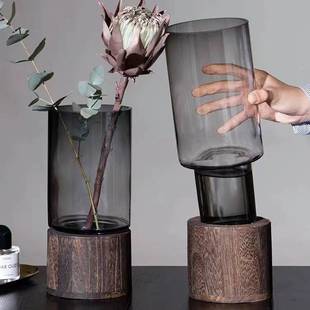 ins轻奢北欧透明玻璃花瓶木托创意水养鲜花玫瑰，插花餐桌装饰摆件