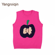 Yangruiqin女童宝宝羊绒背心卡通苹果玫红色可爱针织山羊绒马甲