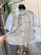 DHR 独特高级感水墨晕染短袖衬衫宽松小个子开衫上衣女2024夏装新