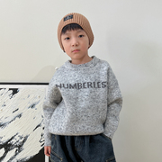 韩国男童秋冬款毛衣儿童，洋气浅灰色加厚保暖套头上衣针织衫冬装潮
