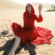 蕾丝雪纺文艺连衣裙气质显瘦仙女裙复古修身连帽大摆红色长裙