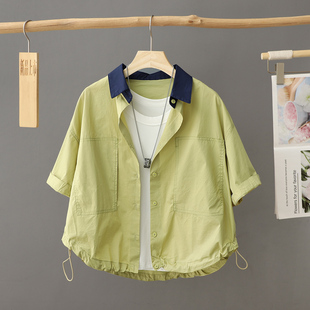 绿色短款纯棉短袖衬衫式外套女士夏季薄款小个子衬衣穿搭开衫上衣