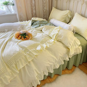 韩式简约复古水洗棉四件套大花边被套床单床裙简约公主风床上用品