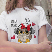 Owl Print T-Shirt可爱猫头鹰动物卡通印花时尚圆领宽松T恤女短袖