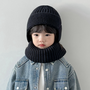 儿童帽子围脖二件套装冬男女童，加绒针织毛线帽小孩保暖护耳套头帽