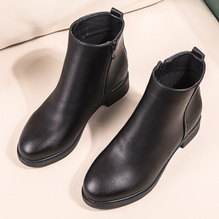 黑色法式小短靴中跟工装，靴女皮鞋粗跟工作鞋，女鞋加绒及踝靴靴子冬