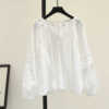 薄款白色棉衬衫韩版小清新拼蕾丝花边系带圆领灯笼袖套头宽松衬衣