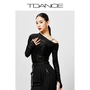 tdance女士国标舞练习服，24小斜肩，上衣内搭透视小性感