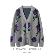 绒暖斯特〓绒+〓复古灰紫玫瑰提花深v领廓形纯羊绒针织开衫