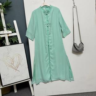 大牌风复古国风一字盘扣，气质法式绿色，宽松版雪纺外披连衣裙0328