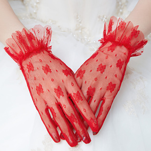 速发新娘手套结婚蕾丝韩式婚纱手套，白红色(白红色，)短款晚礼服敬酒服手套香
