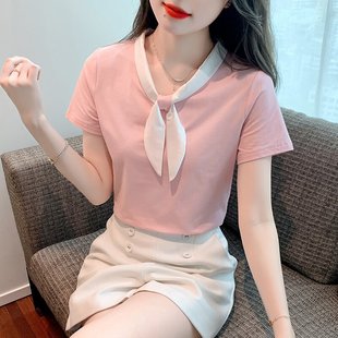 粉红色纯棉短袖t恤女2024年夏季设计感小众法式兔耳领结上衣