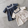 女童棉麻裙子2024夏季海军风，简约洋气学院风，儿童装公主连衣裙