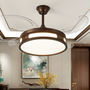 新中式隐形风扇灯实木LED灯具变频吊式带灯胡桃木色客厅餐厅吊灯