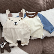 婴儿背带哈衣+长袖T恤套装可爱小熊宝宝背心连体衣超萌新生儿衣服
