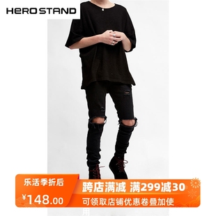 #hs高品质destroyedpants百搭纯黑色破洞修身弹力，小脚牛仔裤男潮