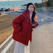 红色羽绒棉服女小个子2023冬季今年流行韩版宽松加厚棉衣外套