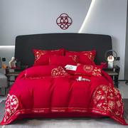 刺绣婚庆四件套红色床单被套全高档纯新婚房结婚床上用品喜被棉