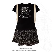 大码胖妹妹韩版可爱小熊印花短袖T恤+黑色碎花蛋糕半身裙减龄套装