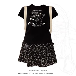 大码胖妹妹韩版可爱小熊，印花短袖t恤+黑色，碎花蛋糕半身裙减龄套装